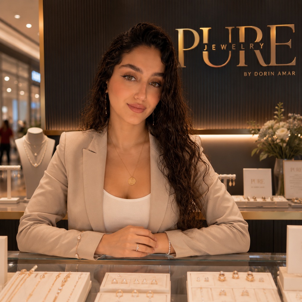 דורין עמר, מעצבת ובעלת Pure Jewelry, בעמדת התצוגה של המותג
